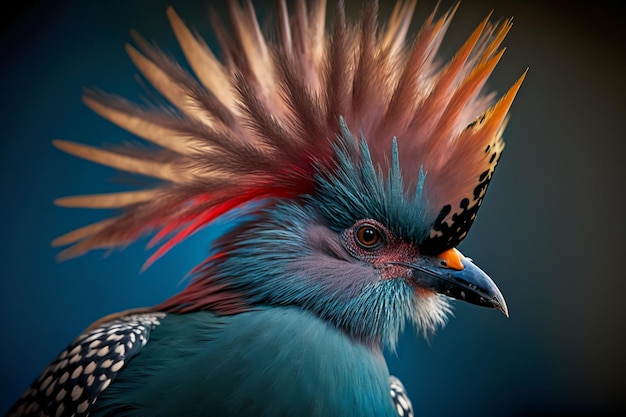 A bird with a blue head and red feathers is shown with a black background.