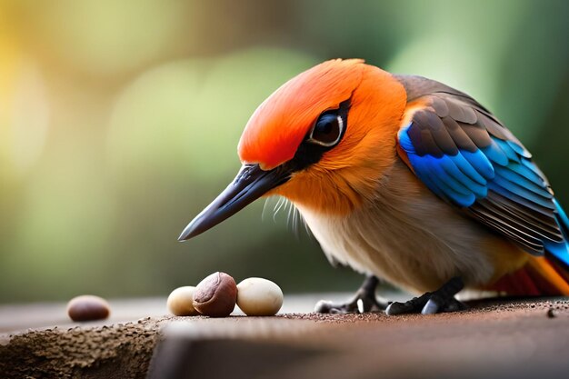 青い頭と赤い頭を持つ鳥が、ナッツが乗ったテーブルの上に座っています。