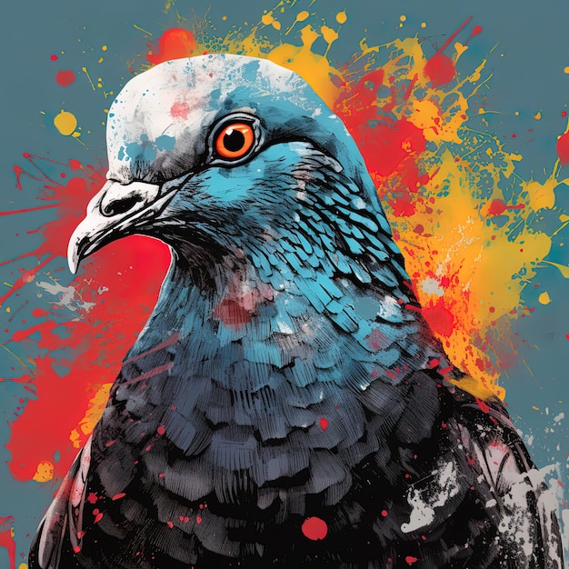 a bird with a blue head and a red and yellow background