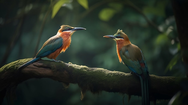 A bird with a blue head sits on a branch in a forest.