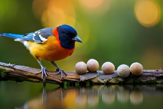 青い頭の鳥が小さな果物のグループの隣の枝に座っています。