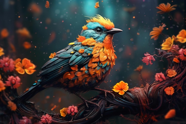 青い頭を持つ鳥が葉と花のある枝に座っています。