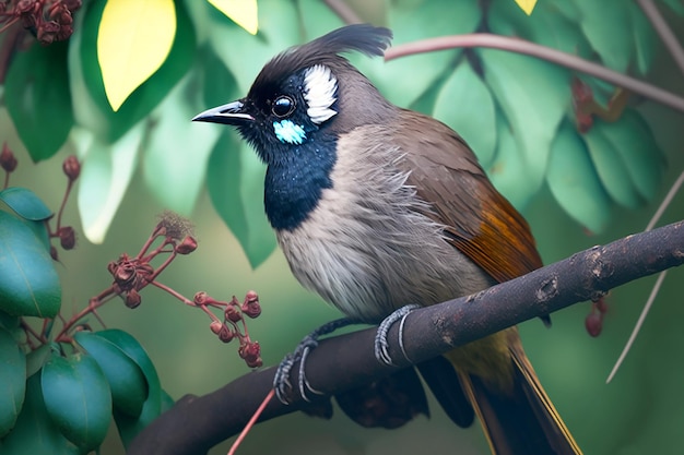 Photo a bird with a blue head and white feathers sits on a branch.