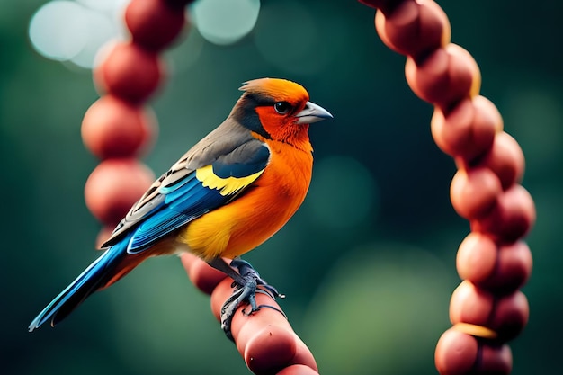 A bird with a blue head and yellow wings sits on a red circle.