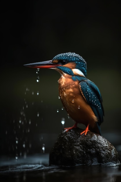 A bird with a blue and orange beak and a black background