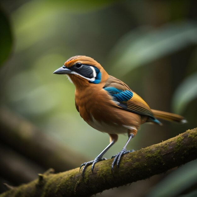 A bird with a blue and orange beak is sitting on a branch