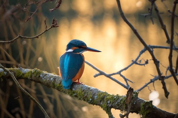 A bird with a blue and orange beak sits on a branch in a lake.