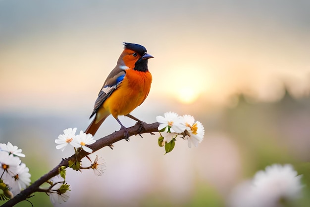 A bird with a blue and orange beak sits on a branch with flowers in the background.