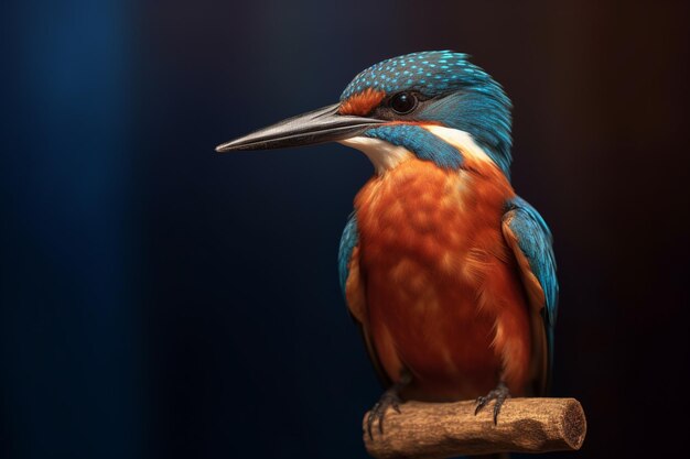 A bird with a blue and orange body and a black background