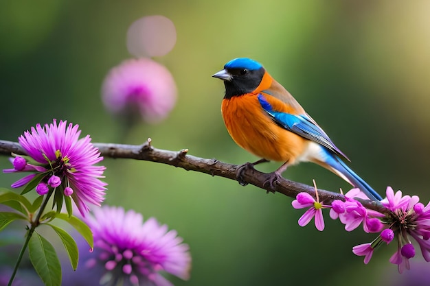 A bird with a blue and orange breast sits on a branch with pink flowers in the background.