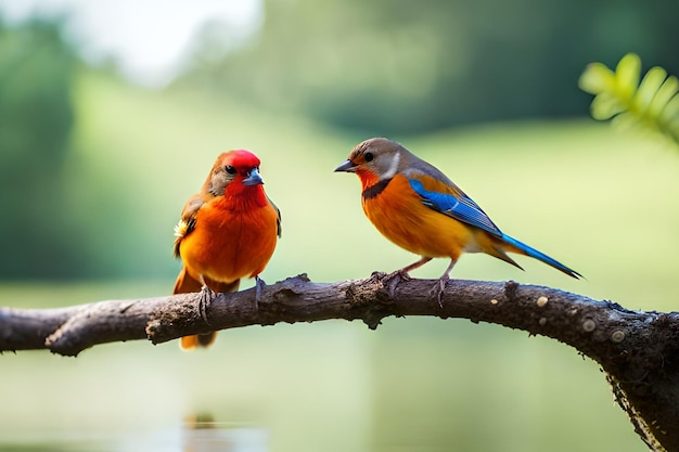 青とオレンジ色の胸を持つ鳥が枝に座っています。