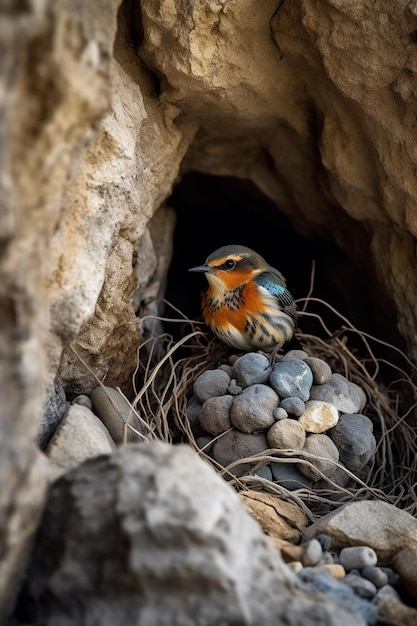 A bird with a blue and orange breast sits in a cave with its nest on the ground.