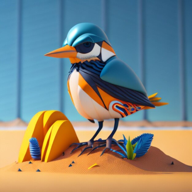 Foto un uccello con le piume blu e arancione si trova su una duna di sabbia.