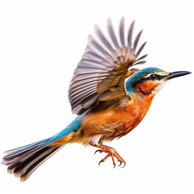 В воздухе летит птица с синими и оранжевыми крыльями.