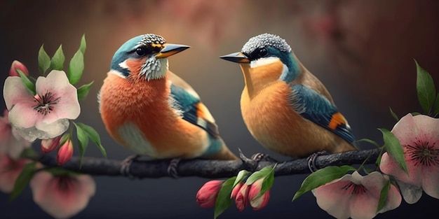 青とオレンジの翼を持つ鳥がピンクの花のついた枝に座っています。