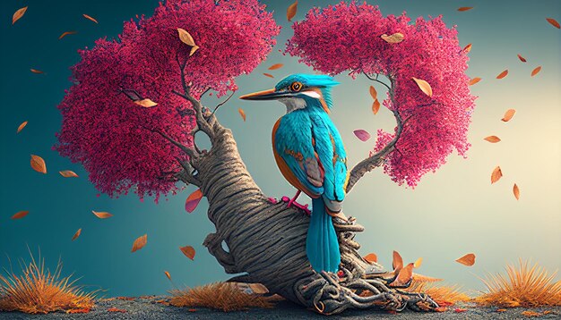 青い尾を持つ鳥が、ピンクの葉のある木にとまっている