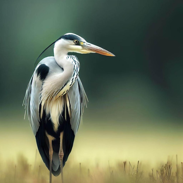 A bird with a blue and white head and black feathers is standing in a field.