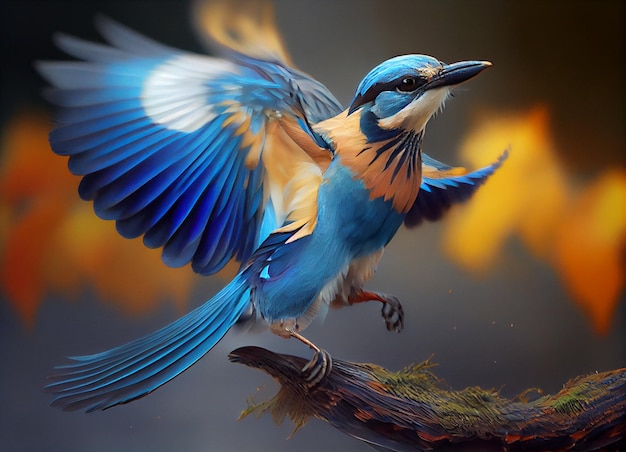 Птица с голубыми крыльями сидит на ветке.