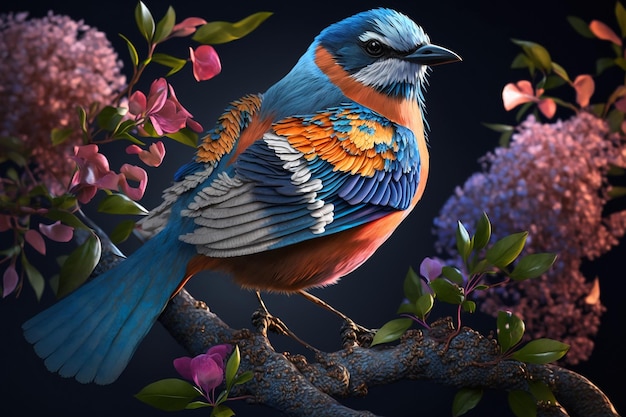 파란 날개를 가진 새가 보라색 꽃이 있는 나뭇가지에 앉아 있습니다.