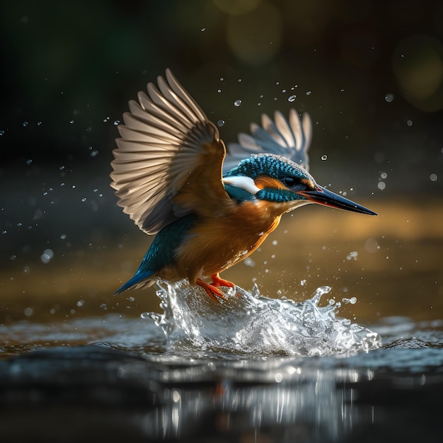 青い翼と白いくちばしを持つ鳥が水しぶきを上げています。