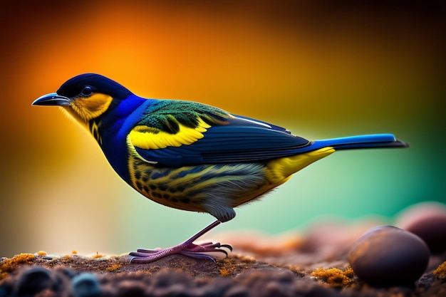 A bird with a blue and yellow body and blue feathers