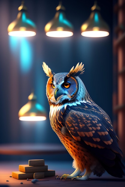 A bird with a blue and yellow face sits on a table in front of a lamp.