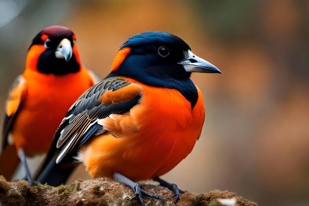 Foto un uccello con piume arancione brillante e una testa nera che dice 