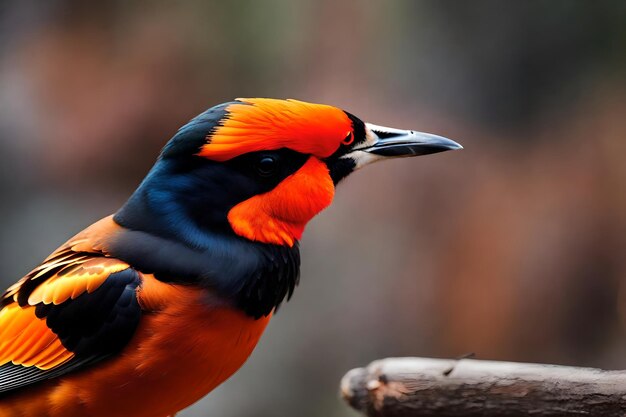 A bird with bright orange feathers and a black head that says 'the bird is a bird '