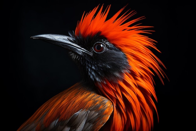 bird with bright orange feathers and a black head