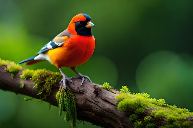 明るいオレンジ色の頭と黒い頭を持つ鳥が、緑の苔のある枝に座っています。