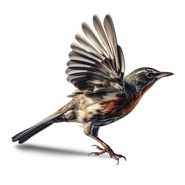 A bird with a brown and black body and a brown and black body with a red and black taila white back