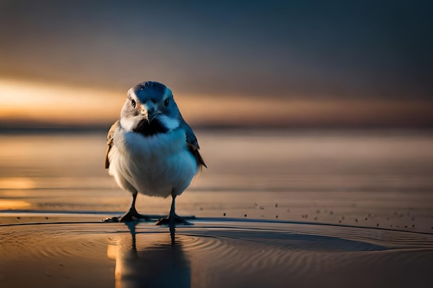 茶色と白の顔をした鳥が浜辺に立っています。