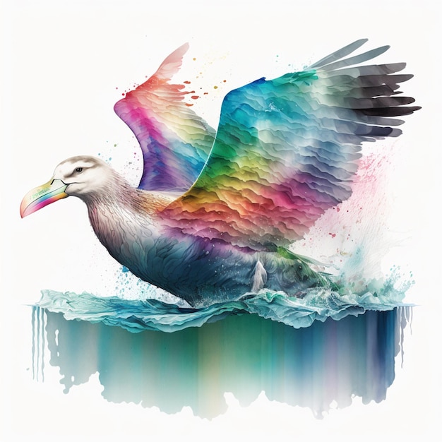 A bird with a colorful beak is flying over the water.