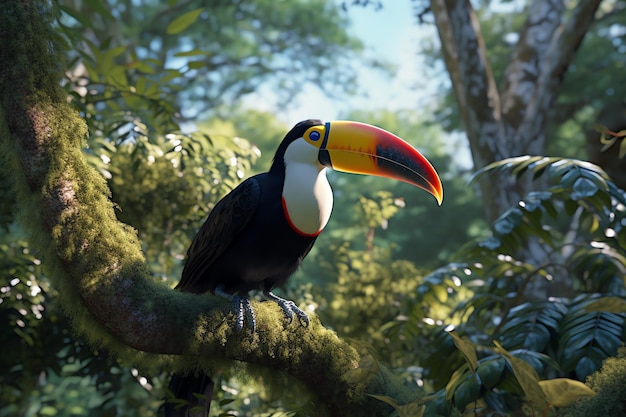 A bird with a colorful beak sits on a branch in a jungle