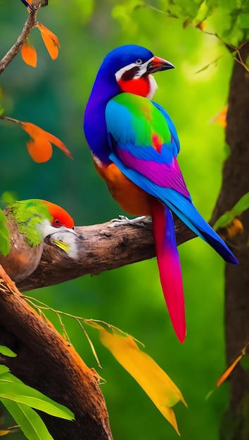 화려한 머리와 화려한 깃털을 가진 새가 숲 사랑 새에 나뭇가지에 앉아 있다