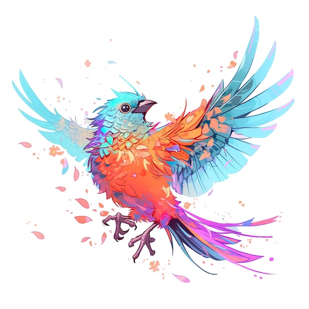 A bird with a colorful wings is flying in the air.