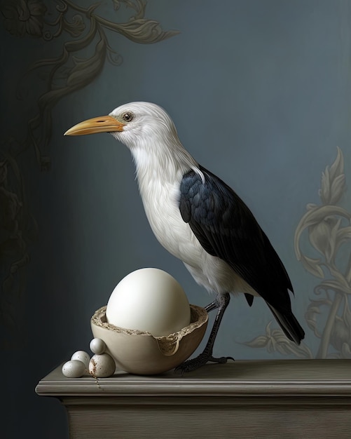 a bird with an egg and an egg on a table.