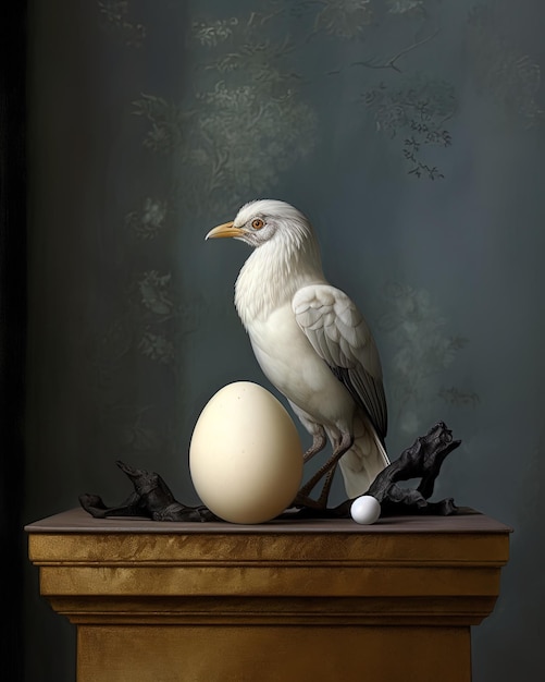 a bird with an egg on the table