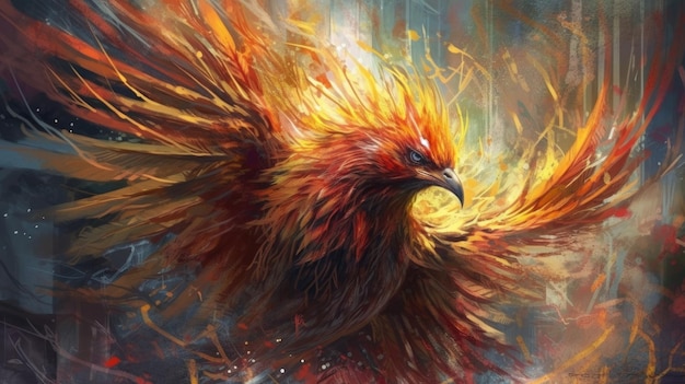 A bird with a fiery tail is in the air.