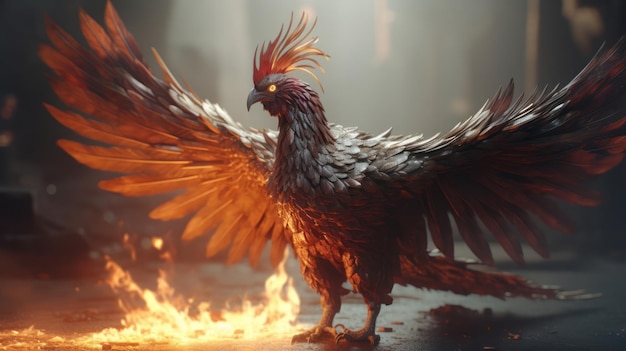 A bird with a fire on its wings