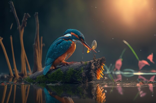 A bird with a fish in its beak sits on a log in a pond.