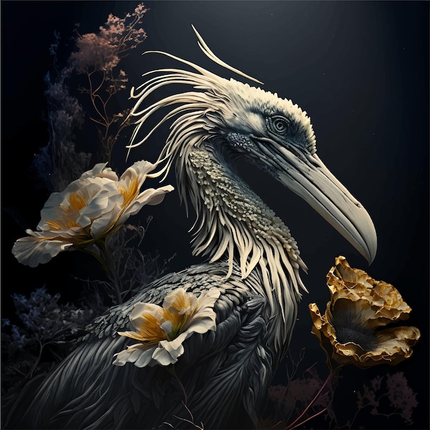 A bird with a flower in its beak is surrounded by gold leaves