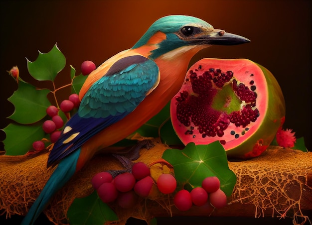 A bird with a fruit on it