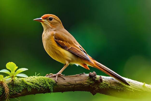 A bird with a green background and a yellow head and orange tail sits on a branch.