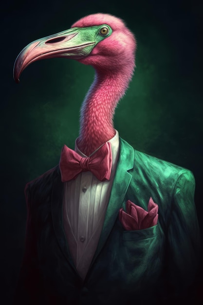 A bird with a green jacket and a pink bow tie.