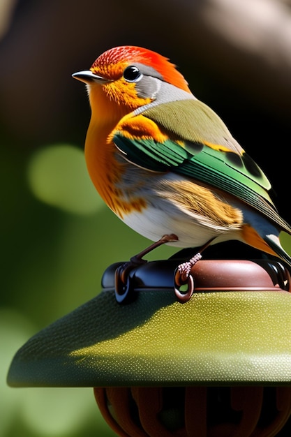 緑とオレンジの羽を持つ鳥が金属製の物体に止まっています。