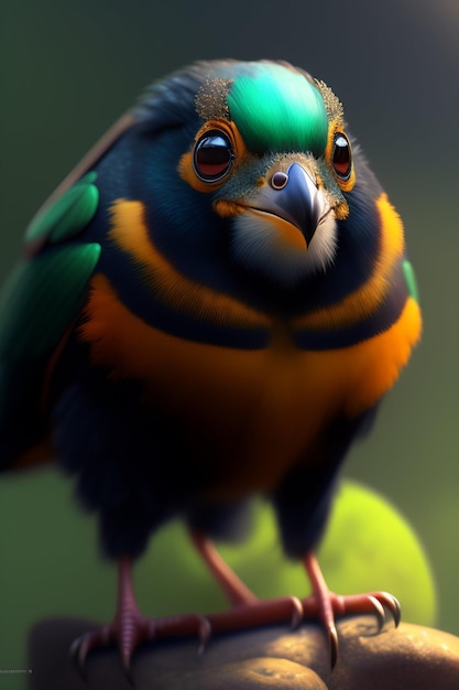 A bird with a green and orange head and blue feathers.