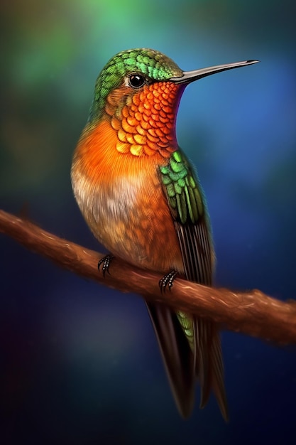 녹색과 주황색 머리와 주황색 깃털을 가진 새.