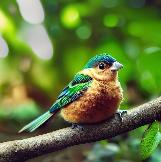 Птица с зелеными крыльями сидит на ветке