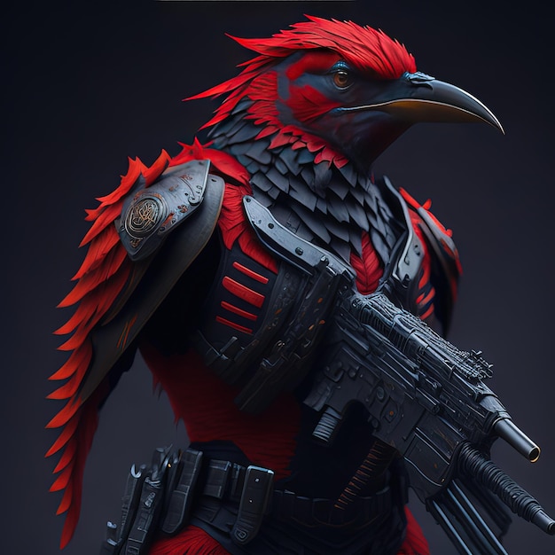 A bird with a gun and a red head